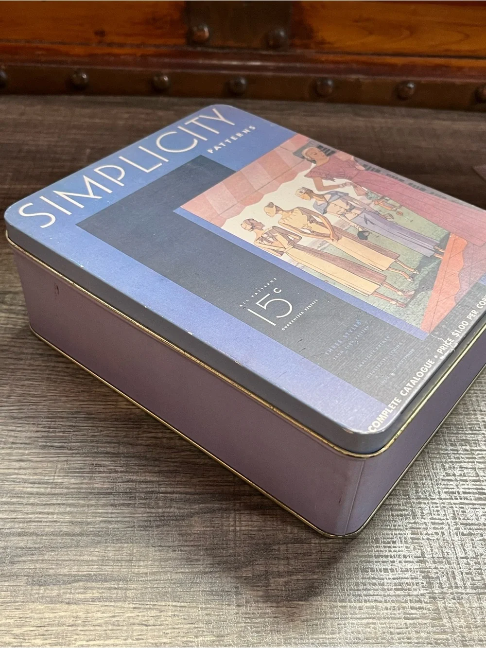 Simplicity Patterns Vintage-Inspired Tin. Cute for sewing items or a craft room